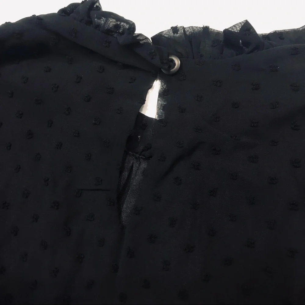 Black Ruffled Crewneck Swiss Dot Bubble Blouse - Picture 4 of 5
